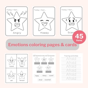 45 páginas para colorear de emociones imprimibles con emoticones. Actividades divertidas y educativas para preescolar. PDF perfecto para imprimir en casa.