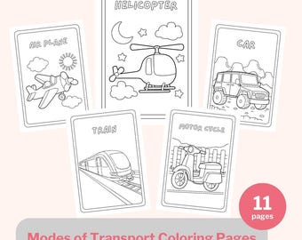 May include: A collection of 11 colouring pages showcasing different modes of transport. The pages feature illustrations of an aeroplane, helicopter, car, train, and motorcycle. The text "Modes of Transport Colouring Pages" is displayed at the bottom.