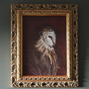 The Watchful Sovereign - Original Oil Painting of a Barn Owl with Vintage frame