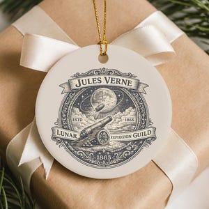 Jules Verne Christmas Ornament, Literary Book Lover Gift, Lunar Expedition Guild Ornament, Aluminum Tree Decoration, Reader Gift