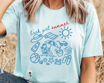Book Girl Summer Shirt Bookish Beach TShirt Fisherman Aesthetic Beach Doodles Tee Book Lover Gift Bookish Girl Tee Reading Shirt Mermaidcore