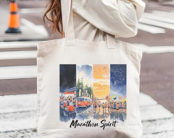 May include: Cream-colored tote bag featuring a watercolor illustration of a marathon scene. The artwork depicts runners, a vintage orange van, and various sky conditions. The words "Marathon Spirit" are written in a script font below the image.