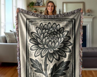 Linocut Floral Art Woven Blanket Chrysanthemum Blanket Nature Decor Floral Throw Blanket Cottagecore Gift Botanical Tapestry Wall Art Flower