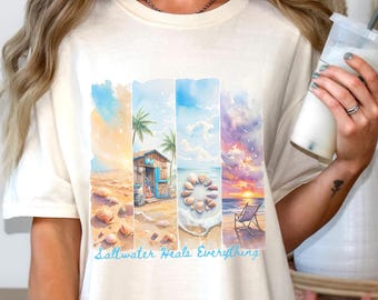 Saltwater Heals Everything Shirt Beach Lover Gift Summer Vacation T Shirt Trendy Beach T-Shirt Cute Ocean Tshirt Vintage Painted Scenes Tee