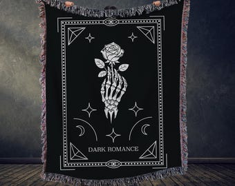 Dark Romance Woven Blanket, Gothic Throw Blanket, Skeleton Hand Rose Design, Dark Academia Home Decor, Book Lover Gift