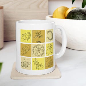 Lemon Pattern Mug Gift Lemon Decor Grid Design Vibrant Citrus Coffee Cup Unique Gift for Mom Kitchen Decor Tea Lovers Mug Italian Vibes