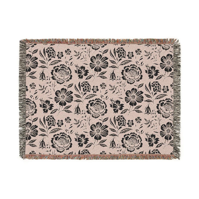 Tattoo Floral Woven Blanket: Black & White Cottagecore Throw image 10