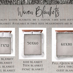 May include: Woven blankets in three sizes: 37x52 inches, 50x60 inches, and 60x80 inches. Made with 100% cotton yarn and soft fringe. Available as baby, pet, small, travel, kids, teen, picnic, full/queen size bed, sofa throw, and guest blankets.