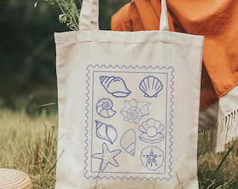 Seashell Stamp Design Tote Bag Beach Lover Gift Summer Vacation Bag Trendy Beach Bag Cute Ocean Grocery Bag Vintage Cotton Shell Tote Bag