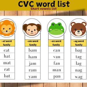 Liste de voyage CVC à imprimer, lecture pour la maternelle, cartes phoniques, apprendre à lire, familles de voyelles courtes, Montessori, activités pour tout-petits
