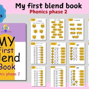 May include: An educational book titled "My first blend book" with "Phonics phase 2" text. The cover features a large "MY First Blend Book" title. The image includes pages with blend exercises and a "106 pages" badge.
