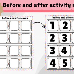 May include: A Before and After activity mat for ages 3+. The mat features cards with numbers 1-6, designed to teach sequencing. The text "Before and after activity mat" is at the top. The mat is bordered with colorful dots.