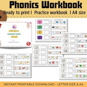 May include: A collection of printable phonics workbooks for children aged 3+. The workbooks include consonant blends practice and are available in A4 size. The cover features the text "Phonics Workbook" and "Phonics Consonant Blends Book".