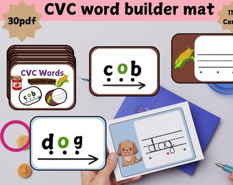 May include: A set of CVC word builder cards with images and text. The cards feature words like "cob" and "dog" with corresponding pictures. The cards are designed to help children learn to read and spell.