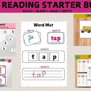 May include: A CVC reading starter bundle featuring educational materials including a word mat, clip cards, animal flashcards, and a word list. The set includes text such as CVC READING STARTER BUNDLE, BUILD BLEND READ WRITE, CVC word mat, Word Mat, and CVC word list.