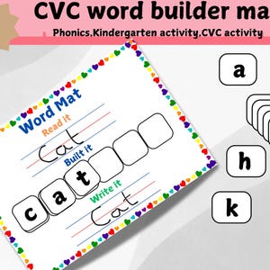 Palabras CVC, tapete para construir palabras, hojas de trabajo de fonética, aprender, leer, practicar la escritura y la ortografía, material imprimible para preescolar y jardín de infantes, juego fonético