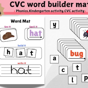 Palabras CVC, tapete para construir palabras, hojas de trabajo de fonética, aprender, leer, practicar la escritura y la ortografía, material imprimible para preescolar y jardín de infantes, juego fonético