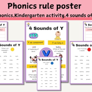 Op de afbeelding: Een reeks educatieve posters voor een les fonetiek. De lavendelkleurige posters dragen de titel "4 Sounds of Y" en bevatten voorbeelden van woorden met de verschillende klanken van de letter "y". De bovenkant van de poster luidt "Phonics rule poster" en "Phonics, Kindergarten activity, 4 sounds of y".