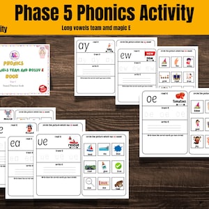 May include: Educational phonics activity set for Phase 5, featuring worksheets with long vowel sounds and magic E. Includes tracing and writing exercises, with illustrations for word recognition. The set includes a book cover and multiple worksheets.