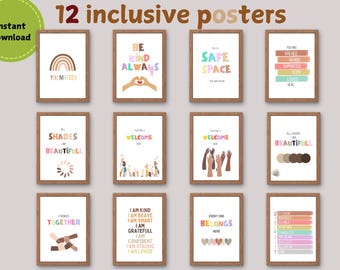 Puede incluir: Un conjunto de 12 carteles inclusivos enmarcados. Cada cartel presenta mensajes positivos e ilustraciones coloridas, como arcoíris y manos. Los temas de los carteles incluyen la amabilidad, la seguridad y la pertenencia. "Descarga instantánea" está escrito en un círculo verde.