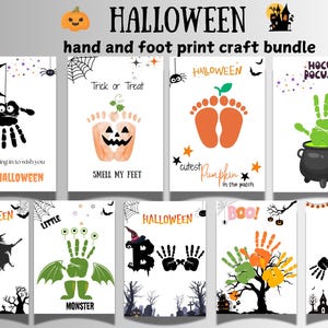 May include: A set of Halloween-themed hand and footprint craft templates. Designs include a spider, pumpkin, footprints, a witch's cauldron, a witch silhouette, a monster, the word "BOO!" and a skeleton. Each design is on a white background.