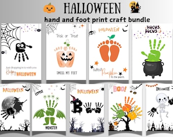 Könnte beinhalten: Eine Sammlung von Halloween-Themen-Hand- und Fußabdruck-Bastelvorlagen. Designs umfassen eine Spinne, einen Kürbis, Fußabdrücke, einen Hexenkessel, eine Hexensilhouette, ein Monster, das Wort "BOO!" und ein Skelett. Jedes Design hat einen weißen Hintergrund.
