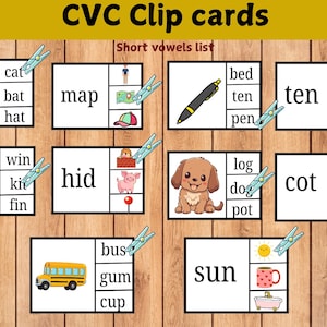 May include: Educational CVC clip cards for early learners. The cards feature colorful illustrations and words for short vowel sounds. Includes images of a cat, map, bed, dog, bus, and more. The cards are designed for children aged 3+.