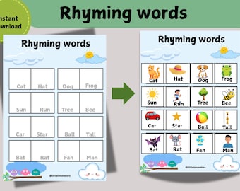 May include: Educational printable featuring "Rhyming words" with illustrations of rhyming pairs like cat/hat, dog/frog, and sun/run. The design includes a blue sky background with clouds and a sun, perfect for early learning.