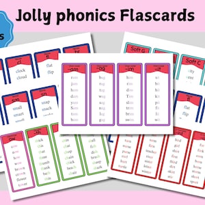 Op de afbeelding: Een verzameling Jolly Phonics flashcards, met 105 kaarten. De kaarten zijn wit met kleurrijke randen en tekst, ontworpen voor educatieve doeleinden. De kaarten tonen verschillende fonetische combinaties en woordfamilies.