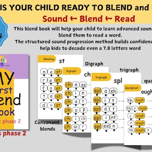 Könnte beinhalten: Ein 114-seitiges Lernbuch mit dem Titel My First Blend Book Phonic phase 2. Der Einband ist lila und weiß mit einem gelben Bogen. Die Innenseiten zeigen Phonetikübungen zum Verbinden von Lauten, einschließlich Konsonantenverbindungen und Mehrgraphen.