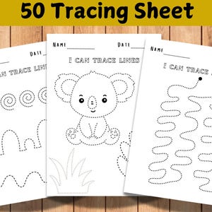 Puede incluir: Tres hojas de trabajo de trazado en blanco y negro para niños. Cada hoja de trabajo tiene el texto "Puedo trazar líneas" y presenta diferentes patrones de líneas punteadas para trazar. La primera hoja de trabajo tiene una serie de círculos, la segunda un koala y la tercera una línea ondulada.