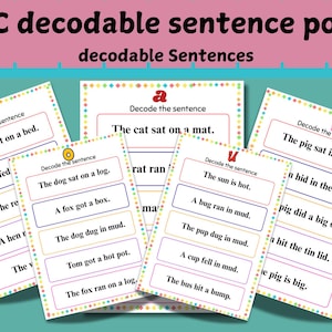 May include: A collection of colorful CVC decodable sentence posters. Each poster features a sentence to decode, with words like "hen," "bed," "cat," and "mat." The posters are designed for educational purposes, with a focus on early literacy.