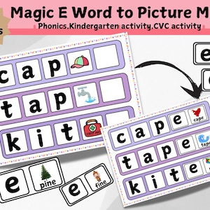 May include: Educational cards for a phonics activity. The cards feature words like "cap," "tap," and "kit," with corresponding pictures. The text "Magic E Word to Picture Match" is visible, along with the number "18" and the word "cards."