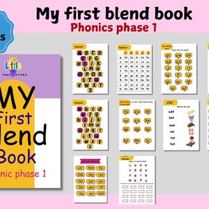 May include: An educational book titled "My first blend book" with "Phonics phase 1" text. The cover is purple and white with the title in large black letters. The book includes 65 pages of alphabet and blending exercises.