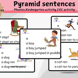 Puede incluir: Tarjetas educativas para lectores principiantes. Las tarjetas presentan oraciones simples con ilustraciones, incluyendo un gato en una silla, un niño saltando en un charco y un gato corriendo hacia un patio. El título "Pyramid sentences" se muestra en la parte superior.