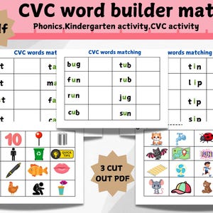 CVC Wörter Arbeitsblätter druckbar, lesen lernen, Phonetik, CVC Objekte, Montessori, Kindergarten Curriculum, Kleinkindaktivitäten, kurze Vokale