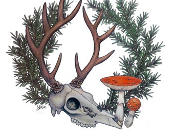Reindeer Skull with Fly Agaric Mushrooms and Spruce Wreath 8x10 Print