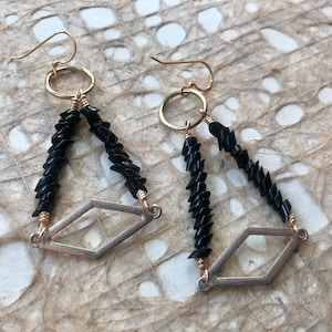 Geometric Gold and Black Triangle Drop Earrings