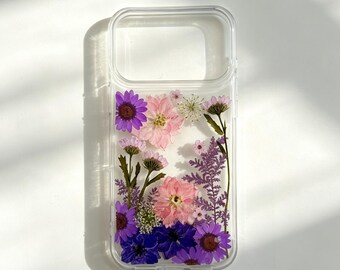 Purple Real Floral Pressed Flower Clear Phone Case iPhone 17,16 E 15,14,13,12, Pro Max plus Samsung Galaxy S 23 24 25 26Ultra Flowers Cases