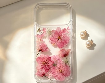 Pretty Pressed pink real flowers clear phone case iPhone 17 16 E 15,14,13,12,11, mini ProMax plus Samsung Galaxy S22 S23 S24 S25 S26 Ultra