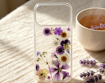 Real Floral Pressed Flower Clear Purple Flowers Phone Case iPhone 17 Air 16 E 15,14 plus 13,12, Pro Max Samsung Galaxy S23 S24 S25 S26 Ultra