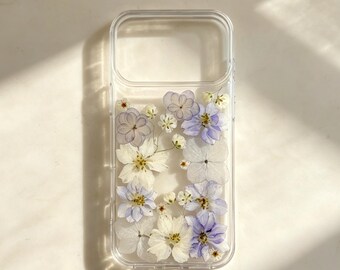 Blue Real Floral Pressed Flower Clear Phone Case iPhone 17,16 E 15,14,13,12, Pro Max plus Samsung Galaxy S 23 24 25 26Ultra Flowers Cases