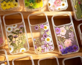 Purple Real Floral Pressed Flower Clear Phone Case iPhone 17,16 E 15,14,13,12, Pro Max plus Samsung Galaxy S 23 24 25 26Ultra Flowers Cases