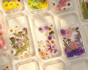Real Daisy Pressed Flower Clear Floral Phone Case iPhone 17,16 E 15,14,13,12, Pro Max plus Samsung Galaxy S 23 24 25 26 Ultra Flowers Cases