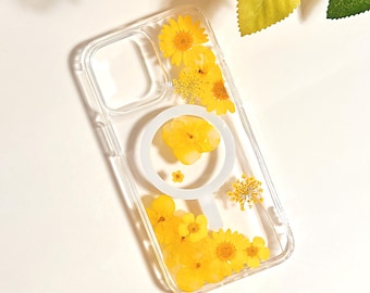 Yellow Daisy Pressed Real flower MagSafe Clear phone case iPhone 17 Air 16 E 15 14 plus 13 12 11 Pro Max Samsung Galaxy S 22 23 24 25 26