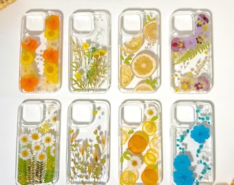 Funda transparente para teléfono con estampado de limón prensado, fruta real y flores secas para iPhone 17 16 E 15 14 13 12 11 Pro Max plus y Samsung Galaxy S 26 25 24 S23 22 Ultra.