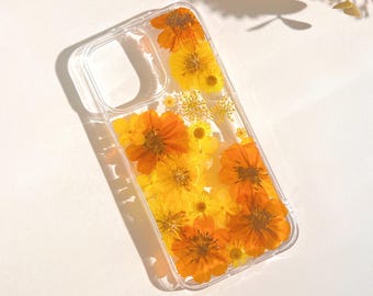 Orange real Pressed flowers clear phone case iPhone 17 Air 16 E 15,14,13,12,11 ProMax, plus, Samsung Galaxy S 22 23 24 25 26 Ultra cover
