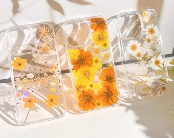 Linda capinha de celular com flores prensadas de verdade para iPhone 18, 17, Air, 16, E, 15, 14, 13, 12, 11, Pro Max, Plus, Samsung S 22, 23, 24, 25, 26 e Ultra.