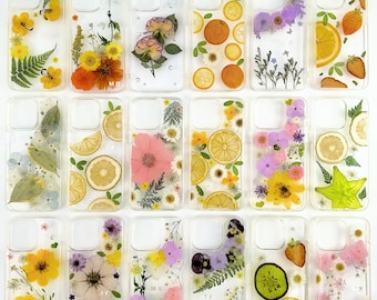 Capa para celular artesanal com flores prensadas e frutas secas para iPhone 18, 17, 16 E, 15, 14, 13, 12, 11 Pro Max e Samsung Galaxy S 26, 25, 24, 23, 22 Ultra.