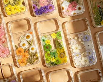 Capa transparente com flores prensadas, estampa floral real, para iPhone 18, 17, Air, 16, E, 15, 14 Plus, 13, 12, Pro Max, Samsung Galaxy S 23, 24, 25, 26 Ultra.